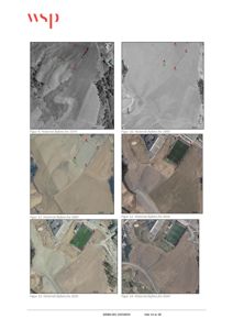 Historiske flyfoto fra ulike år (1974, 1993, 2003, 2016, 2021, 2024) som viser utviklingen av et område.