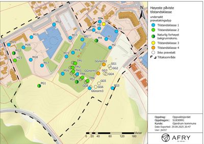 Kart over et område med markerte prøvetakingspunkter og tilstandsklasser for jorden.