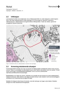 Et kart over et område med en markert tiltakssone (rød sirkel) og en fargekodet oversikt over infiltrasjonspotensial.
