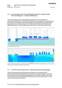 Tegninger som viser beregningsmodeller og beregnede setninger for fundament under et skolebygg.