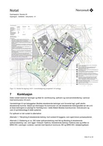 Situasjonsplan som viser tomtens form, omgivende infrastruktur (veier, vannledninger) og planlagt plassering av VA-anlegg.