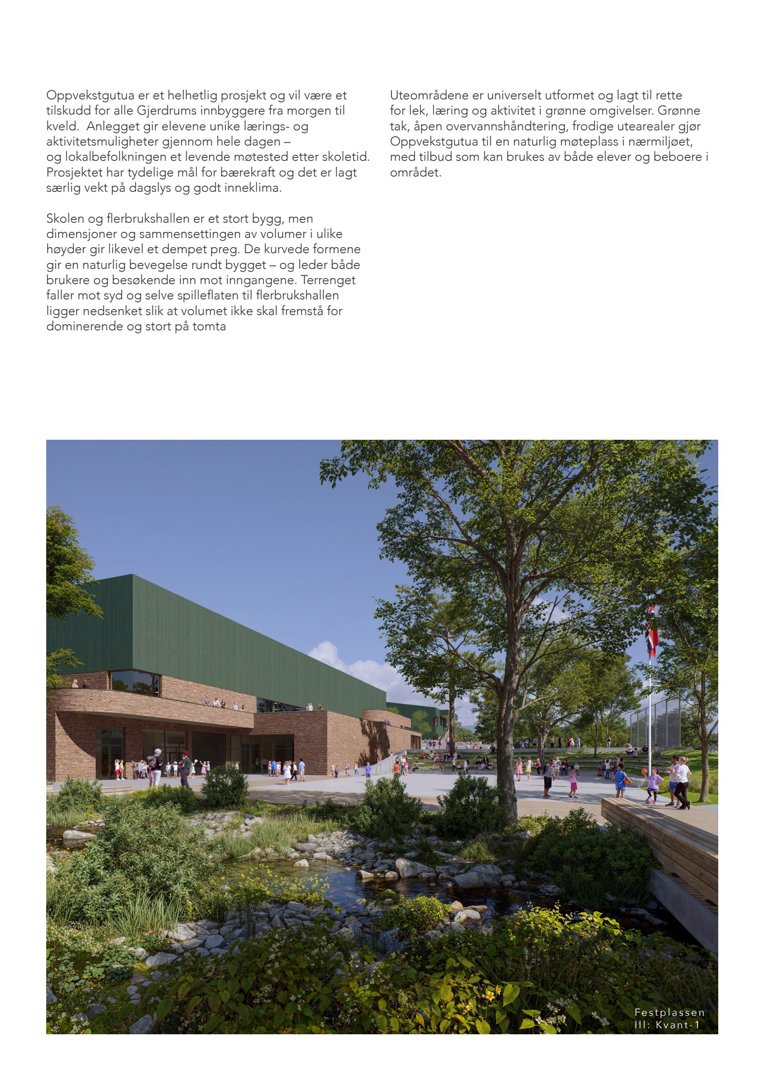 3D-visualisering av et skole- og flerbrukshallprosjekt med omgivelser, inkludert tekstbeskrivelse og sidefot.