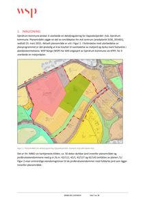 Et kart som viser et planområde med fargemerkede soner (f.eks. dyrkbar jord) og eiendomsgrenser.