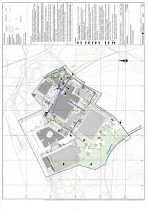 Situasjonsplan som viser bygningenes plassering på tomten, omgivelser, veier, og planlagte endringer i landskapet.