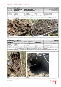 Feltfotografier av jordprøver (matjord og gummigranulat) tatt fra ulike dybder og retninger på en kunstgressbane.
