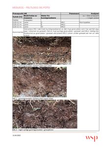 Fotografier av jordprøver (feltlogg) med markerte gummigranulat, inkludert en tabell med analyseresultater.