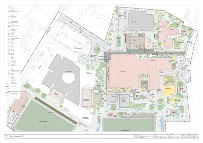 Situasjonsplan som viser bygningers plassering, tomtegrenser, veier, parkeringsplasser og landskapsinngrep.