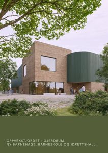 Fotografi av en ferdig bygning (barnehage, barneskole og idrettshall) sett fra utsiden.