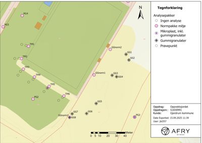 Kart over et område med markerte prøvepunkter for miljøanalyser (mikroplast, gummigranulat, etc.).