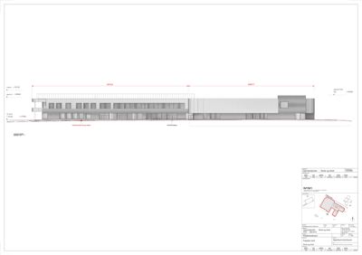 Fasadetegning (opprikk) av en bygning sett fra nord, med angitte mål og høyder.