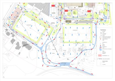 Situasjonsplan som viser tomtens beliggenhet, omgivende infrastruktur, vannløp, vegetasjon og bebyggelse.