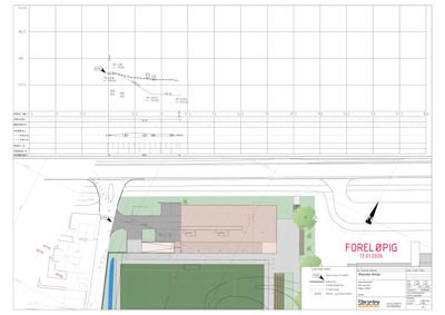 Situasjonsplan med bygning, vei, grøntområder og høydeprofil.