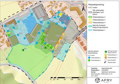 Situasjonsplan som viser masseforhold, tilstandsklasser og grunnvannskonsentrasjoner på et byggeområde.