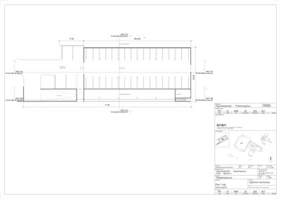 Snittegning (Snitt B-B) av et parkeringshus som viser konstruksjonen, høyder og romfordeling.