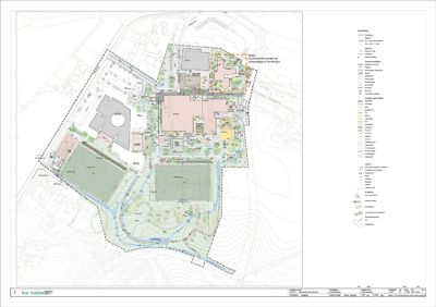 Situasjonsplan som viser tomtens form, topografi (konturlinjer), vannløp, beplantning og plassering av bygninger.