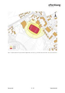 Kart som viser støysoner (LpAeq) rundt en bygning under grunnarbeid, med topografi og nabolag.
