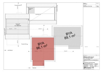 Etasjeplan (takplan) som viser romfordeling, arealer (BYA, Kald Loft) og fasader.