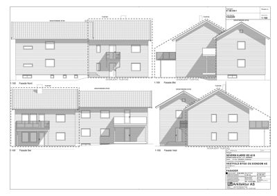 Fasadetegning som viser bygningens utsyn fra alle fire sider (Nord, Sør, Øst, Vest) med skilletegninger for eksisterende og nytt bygg.