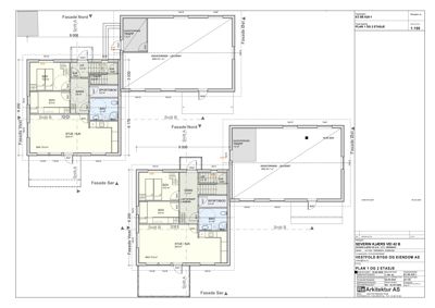 Etasjeplan (PLAN 1 OG 2 ETASJE) som viser romfordeling, fasader og snitt for en bolig.