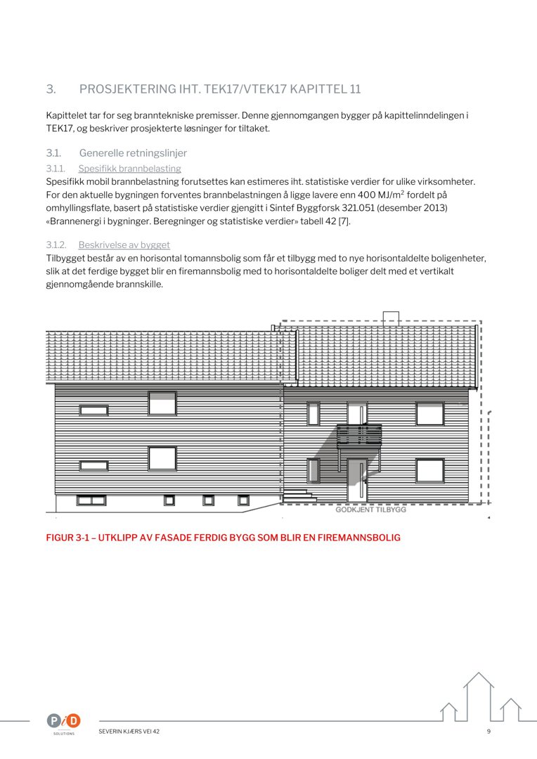 Tegning som viser fasaden på en bygning med en eksisterende del og en planlagt tilbygg.