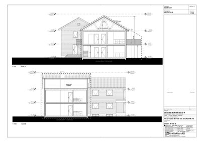 Tegning som viser tverrsnitt gjennom en bygning (Snitt A og Snitt B) med høydemål og romfordeling.