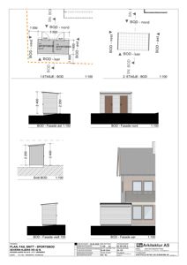 Dette bildet viser en tegning som inneholder både fasadeopprikk (BOD - Fasade øst, vest, nord, sør) og et snitt (Snitt BOD) av en sportsbod. Det er også inkludert et mindre planutsnitt for 1. og 2. etasje.