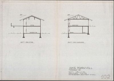 To snittegninger av en bygning med rombeskrivelser og mål.