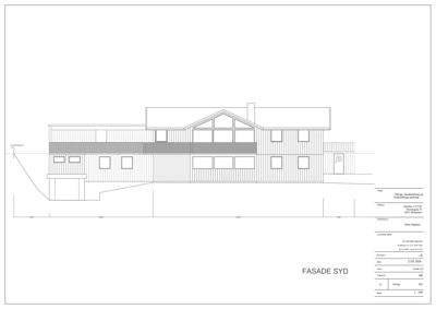 Fasade tegning av en bolig sett fra syd, med mål og tegningsdata.