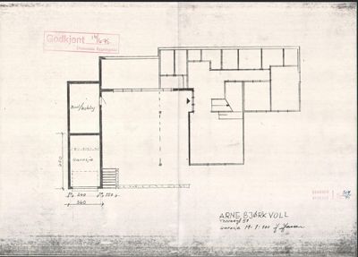 Etasjeplan (garasjeplan) med romfordeling, mål og innvendige vegger.
