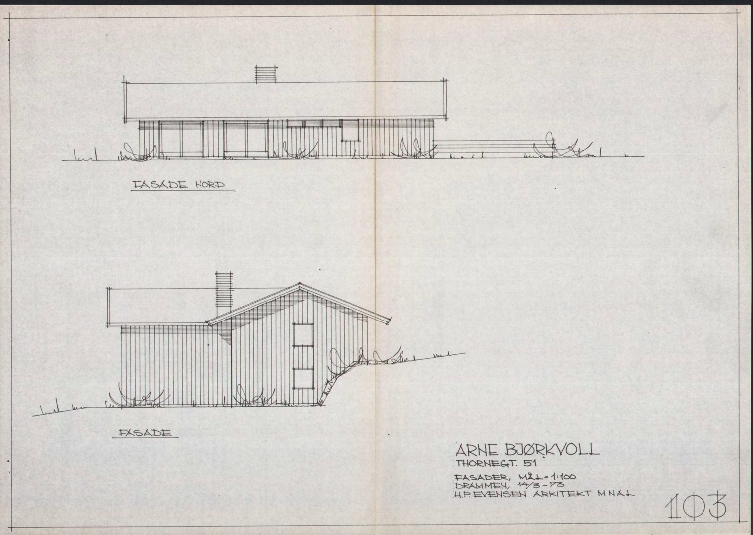 Tegning som viser fasader av en bygning, inkludert 'FASADE NORD' og 'FASADE'.