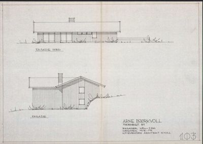 Tegning som viser fasader av en bygning, inkludert 'FASADE NORD' og 'FASADE'.