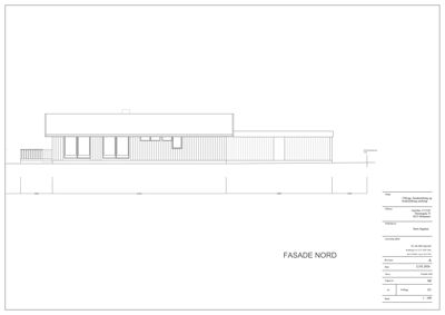 Fasadetegning av bygning sett fra nord, med mål og tegningsdata.
