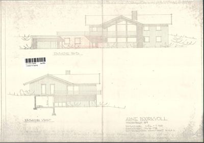 Tegning som viser fasader (syd og vest) av en bygning.