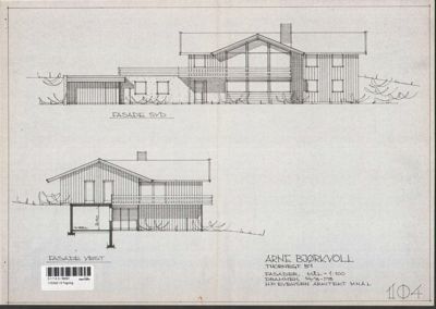 Tegning som viser fasader (syd og vest) av en bygning.