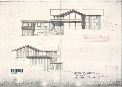 Tegning som viser fasadeoppsett for en bygning sett fra to ulike vinkler.