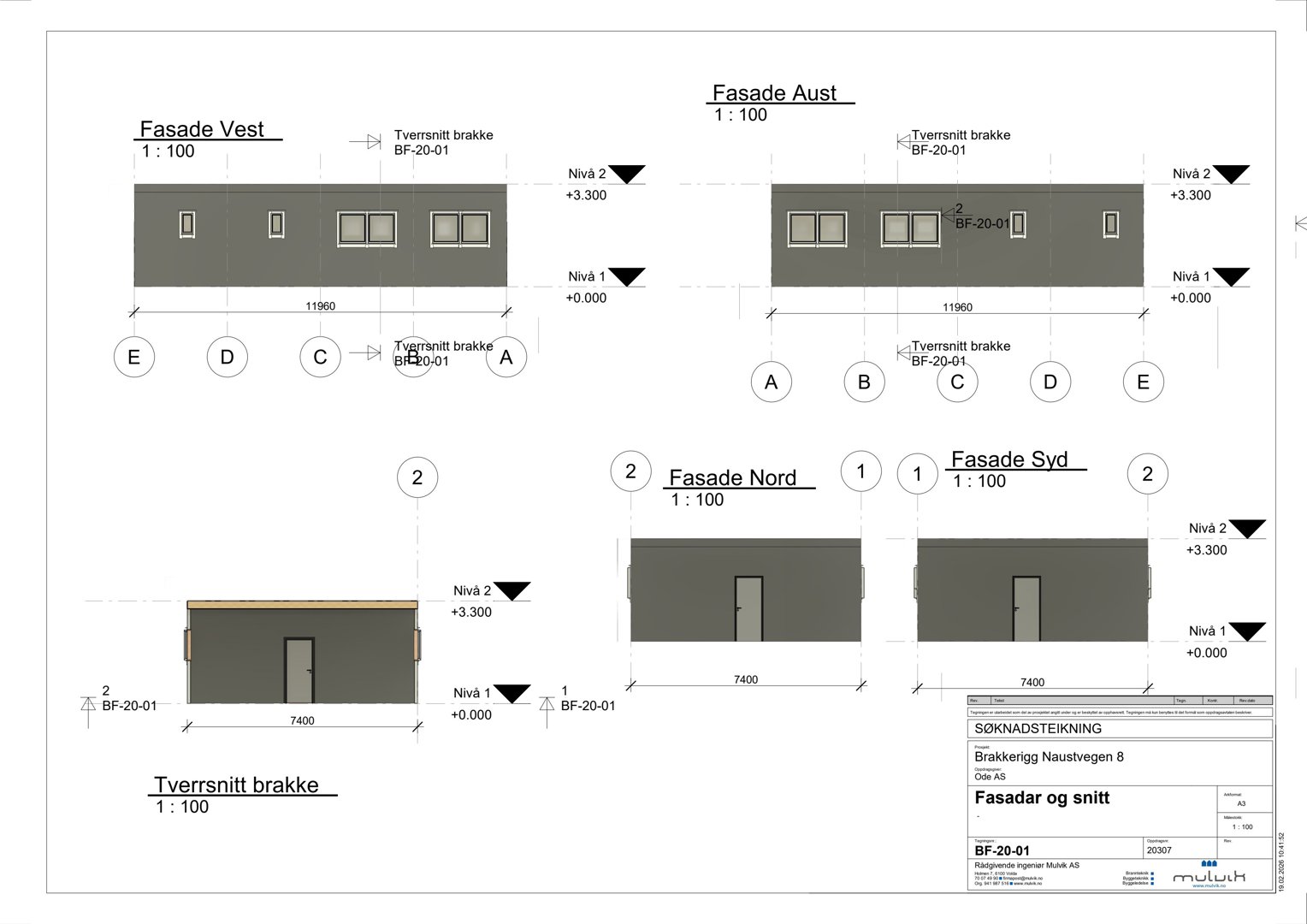 Fasadetegning som viser utsiden av en brakke sett fra fire sider (Vest, Aust, Nord, Syd) samt et tverrsnitt.