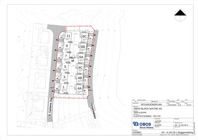 Situasjonsplan som viser tomtens form, grenser (D. Carlsens Veg og Dølerbakken), plassering av bygninger (FELT 19 med boliger 1-11), veier og høydeforhold.