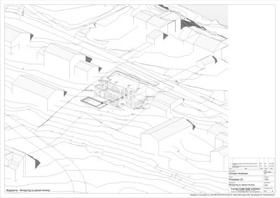 Situasjonsplan som viser bygningens plassering i forhold til nabolaget, terrengforhold og planlagt terreng.