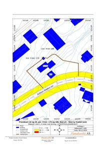 Situasjonsplan som viser tomtens plassering i forhold til nabolag, vei (Anthon Walles vei), høydeforhold (konturlinjer) og eiendomsnummer.