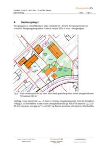 Situasjonsplan som viser tomtens utforming, plassering av bygninger (i oransje), uteområder (i grønt) og støysoner (i rosa/lilla).
