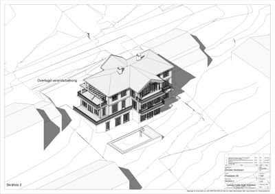 Et skråfoto (perspektivtegning) av en planlagt bygning sett fra lufta, med omgivende terreng og nabobebyggelse.