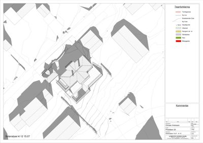 Situasjonsplan som viser tomtens form, høydekurver, eksisterende og nye bebyggelse, samt arealbruk (bebyggelse, plan, skog).