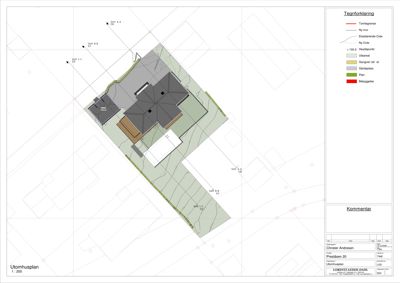 Situasjonsplan (Utomhusplan) som viser bygningens plassering i forhold til tomme, terrengforhold og nabobebyggelse.