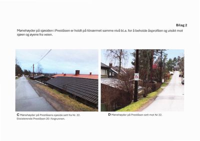 Fotografier av eksisterende mønehøyder i Preståsen sett fra veien.