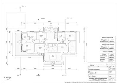 Etasjeplan for 1. etasje i Preståsen 20, med romfordeling, dimensjoner og arealoppsummering.