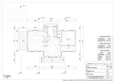 Etasjeplan for 2. etasje i en bolig, med romfordeling, dimensjoner og snittreferanser.