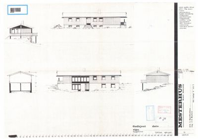 Fasadetegning som viser bygningens utsyn fra flere vinkler (for-, side- og bakfasade).