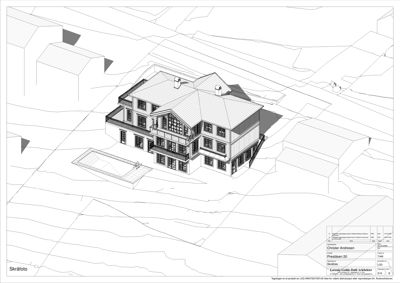 3D-visualisering av en villa sett fra luften (skråfoto) med omgivende terreng og nabohus.