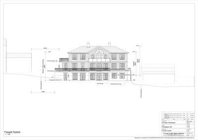Fasadetegning (opprikk) av bygningens sydfasade med mål og detaljer.