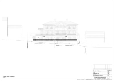 Fasadetegning (opprikk) av en bygning sett fra sydøst, som viser detaljer om terrassene, vinduer og taklinje.